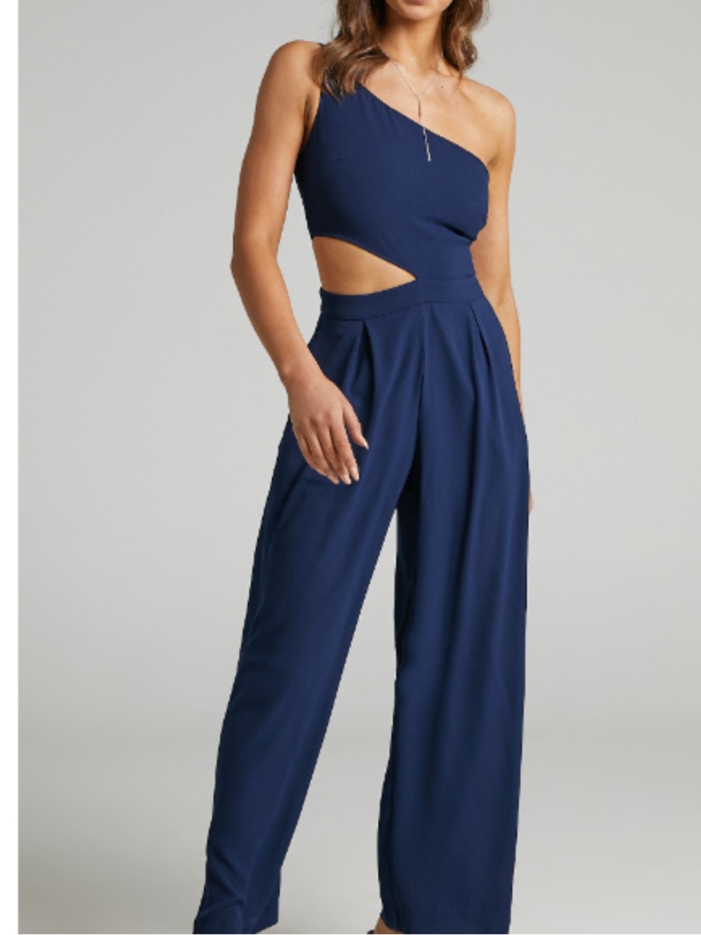 Showpo Navy One-Shoulder Cutout Wide-Leg Jumpsuit